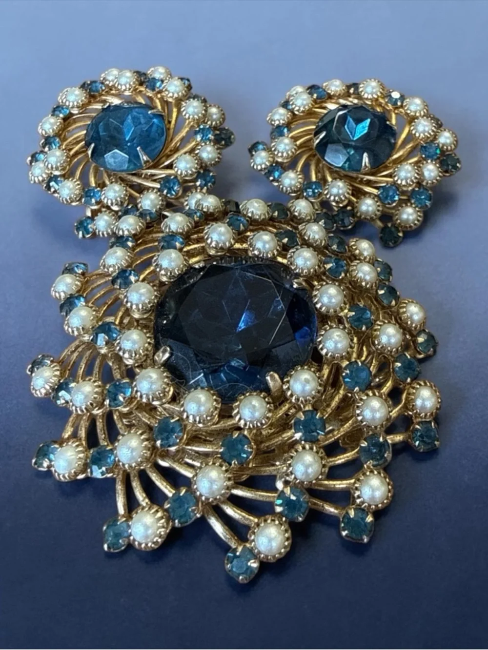 VTG 1950s Judy Lee Blue Moon & Pearl Stars Brooch Earrings Set Demi Parure - Picture 2 of 5